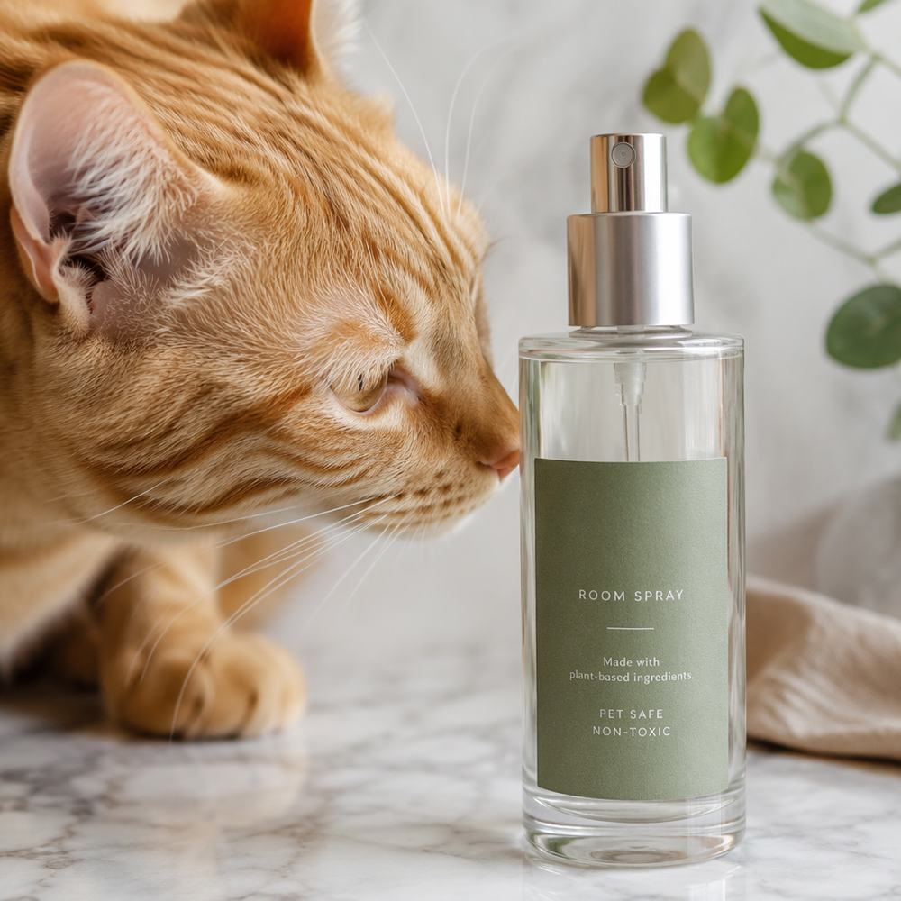 Orange cat sniffing a cat safe room spray bottle with non toxic plant-based ingredients.